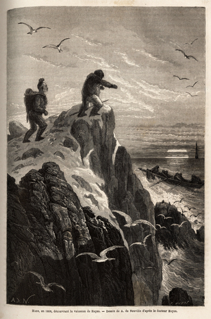 Hans, a hunter who had accompanied Doctors Hayes and Kane on an earlier Arctic expedition, before abandoning them to settle in an Eskimau village, signals Hayes's ship in the hope of being repatriated in 1860. Engraving to illustrate the voyage to the free sea of the Arctic pole, by Doctor Hayes, surgeon of the United States Navy, in 1860-1862, published in “Le tour du monde, nouveau journal des voyages”, edited by Edouard Charton, 1868, Paris. Selva Collection.