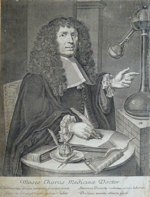 Frontispice of “” Pharmacopoeia royal, galenic and chymic”” by Moses Charas, Pharmacy at the Royal Garden of Plants at Laurent d'Houry, Paris. 1 version 1691 and 1 version 1753