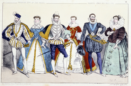 Les Valois et les Bourbons: Charles IX (1550-1574) et Elisabeth d'Autriche (1554-1592), Henri III (1551-1589) et Louise de Lorraine Vaudemont (1553-1601), Henri IV (1553-1610) et Marie de Medicis (1575-1642) - Planche extraite de Rois et Reines de France en estampes, Paris, ed. Martinet, 19eme siecle  