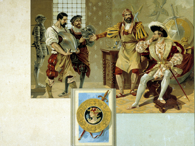 Francois 1st in the armurier - chromolithography, popular imaging, v. 1910