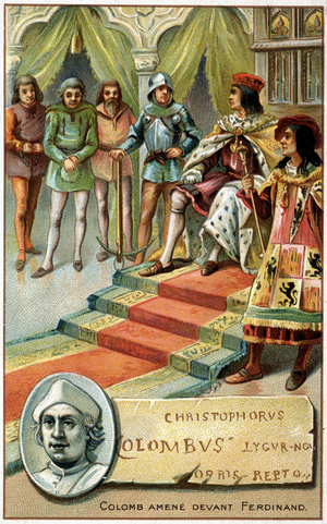 Colomb (les mains liées) amèné devant Ferdinand - Chromolithographie du 19eme siecle