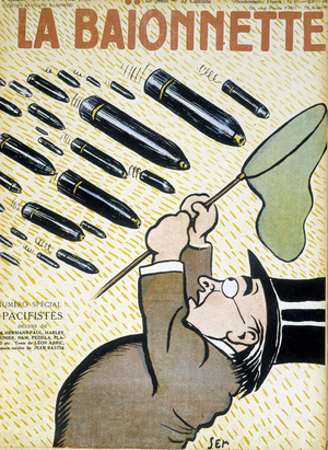 Man trying to catch shells with a butterfly net - by Sem (1863 - 1934), in “” La Bayonet: les pacifistes”” of 03/08/1916.
