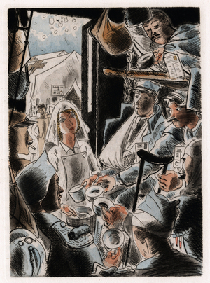 Nurse serving a hot drink to wounded soldiers of the First World War, drawing by Andre Dignimont (1891-1965), Eaux-forte in “” les innocents” by Francis Carco (1886-1958), Edition Hazan, Paris, 1930.