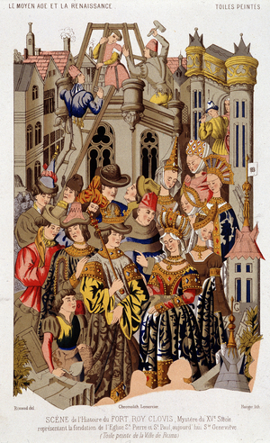 Scene of the history of Fort Roy de Clovis. Mystery of the 15th century representing the foundation of the Church of St. Peter and St. Paul, today Saint Genevieve. (from the) Painted canvas of the city of Reims.