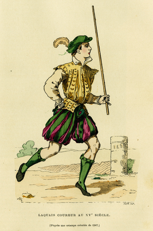 Costume of lackey runner in the 15th century, charged with running in front of the carriage to free the road and announce the passage of a noble or lord. Colour engraving, in “France et les francais a travers les centuries”” by Augustin Challamel, F.Roy editor, Paris 1882. Selva Collection.
