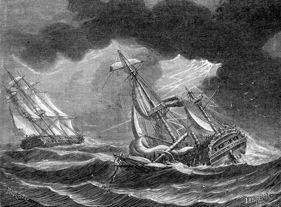 Captain Cook's ship spared, thanks to its lightning rod, near a Dutch ship struck by lightning - engraving, 19th century