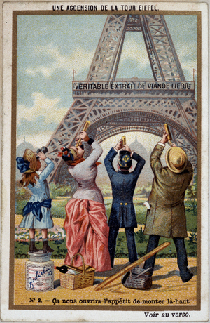 Une ascension de la tour Eiffel : on visionne la hauteur de la tour a la longue vue - chromo. Liebig, deb. 20eme siecle