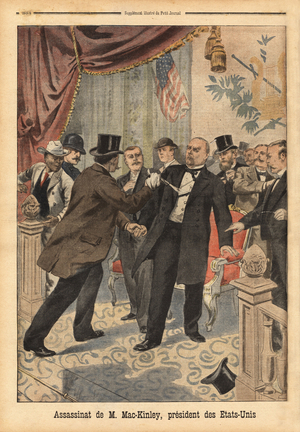 Leon Czolgosz (1873-1901), an American anarchist of Polish origin, shoots two revolver bullets in the chest of William McKinley (1843-1901), the 25th President of the United States of America, at the "Pan American Exhibition in Buffalo. Engraving in "Le petit journal" 21/9/1901. Selva Collection.