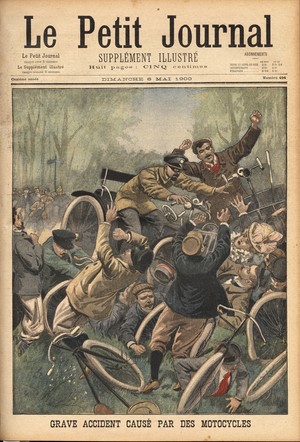 Serious motorcycle accidents on the Paris Roubaix road, while they tried to follow the famous bicycle race, a false maneuver struck a hedge of spectators. Engraving in "Le petit journal" 6/5/1900. Selva Collection.