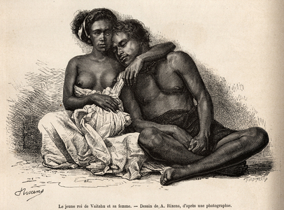 The young king of Vaitatu, on the island of Tauata, in the archipelago of the Marquises Islands, surrounds himself to the arms of his wife, engraved after a drawing by A.Rixens illustrating the memories of the Pacific, in 1872-1874, by A.Pailhes, a ship's ensign, published in “Le tour du monde” 1875, under the direction of Edouard Charton, edition Hachette, Paris. Selva Collection.