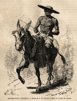 A water merchant in Cartagena (Colombia), water is scarce and his trade is lucrative, the seller still owns a mullet, fills bamboo trunks with liquid, which he sells at random from the streets. Engraving to illustrate the voyage to New Granada, by Dr. Saffray, in 1869, published in “” Le tour du monde””” 1872, edited by Edouard Charton, edition Hachette, Paris. Selva Collection.