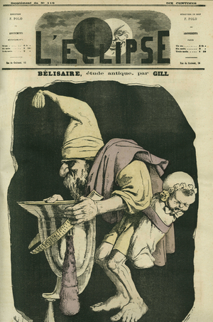 Belisaire begging by saying “it's for the child”. Cover in “” L'Eclipse”” by Gill, May 1, 1870.