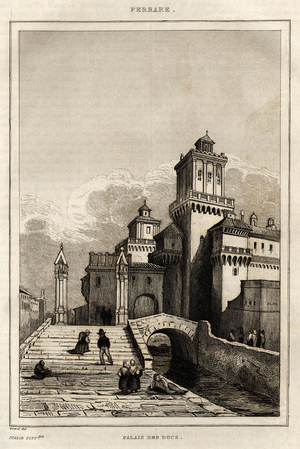 The palace of the dukes, a Ferrara, (Ferrara) engraving by Girard, in “Italy picturesque””, Amable Coste editor, 1836.