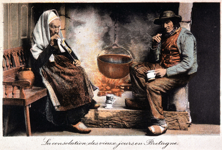 The consolation of the old days in Brittany, old men in Brittany before chiminee - postcard, 1920.