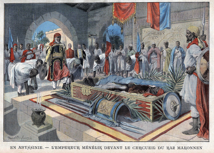 Tribute to the death of Ras Makonnen (Mekonnen Welde Mikael) (Abba Qagnew) (1852-1906), Governor of Harar Province,  in  "Le Petit Parisien”, on the 15/04/1906 (engraving)