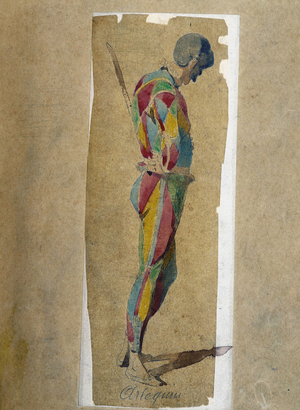 Harlequin, from “” Masques et bouffons”” (Italian comedy), text and drawings by Maurice Sand, engravings by A. Manceau, preface by Georges Sand, 1860.