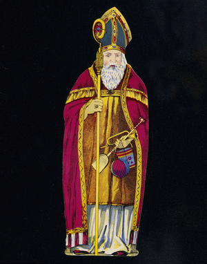 Saint Nicholas with toys in hand. 19th century cardboard.