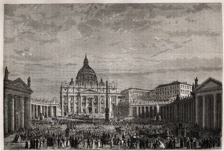 The crowd rushed to St. Peter's Square in the Vatican to receive the great blessing of Easter by Pope Pius IX (1792-1878). Engraving to illustrate the story of the Holy Week in Rome, in 1863, by Ludovic Celler, in “Le tour du monde, nouveau journal des voyages”” published under the direction of Edouard Charton, 1867, Paris. Selva Collection.