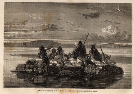 Kelek on the Tiger, traditional commercial raft, wooden floor supported by a layer of air-inflated skins, for the transport of goods and passengers, the boat follows the watercourse, once it arrives at its destination, the raft is demolished, the wood resold and the transport continues on camels. Engravure pour illustrrer le voyage dans la Babylon, en 1866, by Guillaume Lejean, in “Le tour du monde, nouveau journal des voyages”” published under the direction of Edouard Charton, 1867, Paris. Selva Collection.