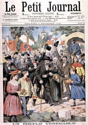 A venerable couple: Augustin Farion, centenary on his wife's arm. They're cheered by the crowd. Cover "Le petit journal" of September 3, 1905