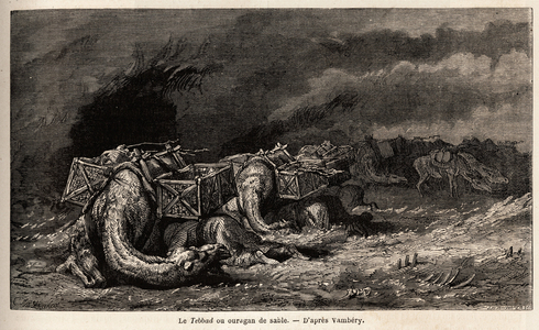 The camel caravan caught in a sand hurricane calls tebbad. Drawing by Emile Bayard (1837-1891), to illustrate the journey to Central Asia, in 1863, by Arminius Vambery (Hungarian scientist disguise in dervish). Engraving in “” Le tour du monde””, edited by Edouard Charton, 1865. Selva's collection.