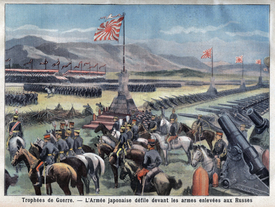The end of the Japanese Russo conflict, Japan's victorious army sits in front of the Russian arms takeover,  in “Le Petit Parisien”, on the 24/06/1906 (engraving)