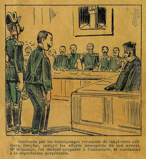 The Dreyfus affair, Captain Dreyfus is condemned to be degrade and deport to the bagne of Devil's Island. in “Histoire d'un traitre””, antisemite sheet, 1898.