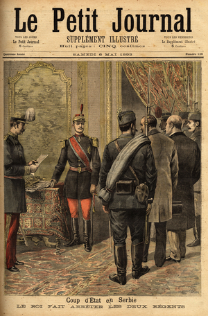 The coup d'état on 14/04/1893 of Alexander I Obrenovic (1876-1903) proclaimed his majority and had the regents of Ristitch and Belimarkovich, as well as all the ministers of the former government. Engraving in “” Le petit journal”” 6/05/1893. Selva's collection.
