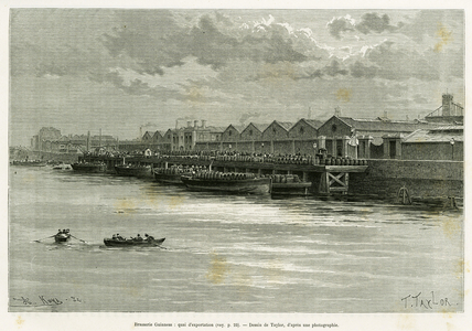 Guinness Brewery, export dock. Engraving by Taylor, to illustrate the story Trois mois en Irlande, in 1889, by Marie Anne de Bovet, in le tour du monde 1890, directed by Edouard Charton (1807-1890), Hachette, Paris.