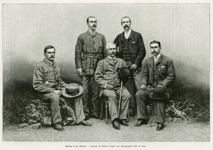 Portrait of Henry Morton Stanley (John Rowlands 1841-1904) surrounds his officers from the left: Dr. Thomas Heazle Parke (1857-93), Robert H. Nelson, William G. Stairs, and Arthur J. M. Jephson. Engraving by Thiriat, to illustrate the story Dans les tenebres de l'Afrique, research discovered and retreat by Emin Pacha, 1887-1889, by Henry Stanley, in le tour du monde 1890, under the direction of Edouard Charton (1807-1890), Hachette, Paris.