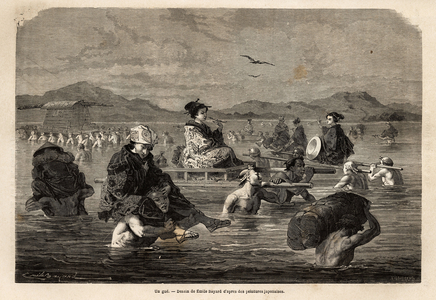 The passage of a gue, with presentation of the modes of carrying passengers and luggage. Engraving to illustrate the voyage to Japan, in 1863-1864, by Aime Humbert, minister of the Swiss Confederation, in “” Le tour du monde, nouveau journal des voyages”” published under the direction of Edouard Charton, 1867, Paris. Selva Collection.