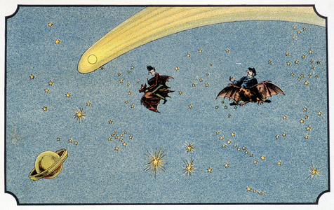 Mr. Baboulifiche and his servant Papavoine riding a bat in space - in “” Voyage dans la lune”” of A. de Ville-d'Avray, 19th century