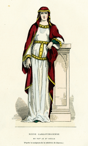 Costume of Carolingian queen, from 7th to 10th centuries, the hair covered by a veil that acts as a coat, without removing the purple chlamyde, open on the chest, a very long tunic embroidered at the neckline and ends of the sleeves, tightened at the waist by a gold belt. Colour engraving after the sculptures of the Cathedrale de Chartres, in “France and the French through the centuries” by Augustin Challamel, F.Roy editor, Paris 1882. Selva Collection.
