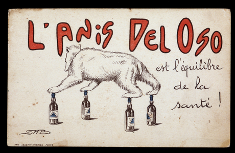 Bear in balance on bottles, pub. for drink "Anis del Oso", early 20th century (print)