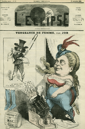 Olympe Audouard (1830-1890), French feminist and his enemy Jules Barbey d'Aurevilly (Barbey-d'Aurevilly) (1808-1889), French writer. Cover in “” L'Eclipse”” by Job, September 26, 1869, Paris.