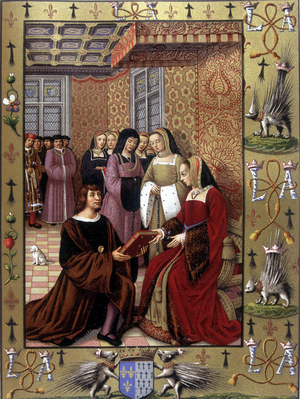 Jean Marot offering his book, Le Voyage de Genes, to Queen Anne of Brittany After an illumination by Jean Bourdichon, circa 1508