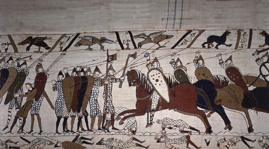 Intendant Wadard (on horseback) and Guillaume's troupe men - Bayeux tapestry, known as Embroidery of Queen Mathilde, 1077 Library of Bayeux