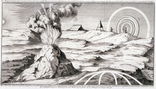 Volcano on the mountain of Cotopaxi - in “” Historical Journey of South America made by Order of the King of Spain by Don George Juan and Don Antoine de Ulloa””, T.1, at C.A. Jombert, Librairie du Roi, Paris, 1752
