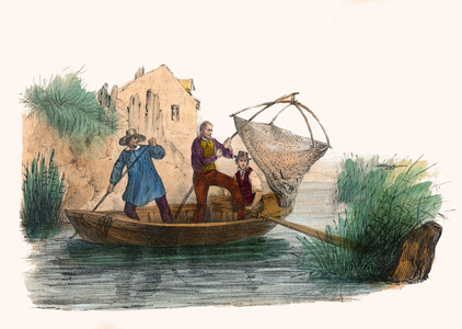 La Peche. in “” Album Grotesque, Choices of Outstanding Types”, illustrations by Victor Adam, Paris, circa 1850.