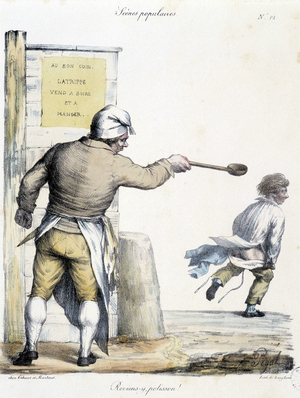 Chef of the restaurant “” in the right corner””” chasing a young man: “” Come back, polish”””. Cartoon of the 19th century of Parisian morals by Pigal.