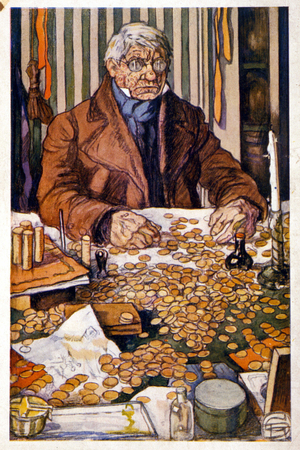 Le pere Grandet counting his money - Illustration in “Eugenie Grandet” by Honore de Balzac, coll. Ideal Library, 1910 (engraving)