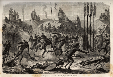 After the ceremony of self-giving to the Great Spirit, the young warriors embrace a frenetic and outflow dance, the weakest are trailing on the ground, among the Mandans Indians (or noumah ka kie: pheasants), on the left bank of Missouri. Engraving to illustrate an excursion among the Indian tribes of the basins of Colombia and Upper Missouri, by G. Catlin, in 1855, published in “” le tour du monde””, under the direction of D'Edouard Charton, Hachette, Paris 1869.Selva Collection.