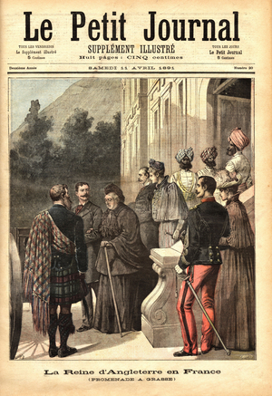 Queen Victoria (Alexandrina Victoria de Wettin, born of Hanover, 1819-1901), visiting Grasse (France), accompanied by the representatives of her empire, Queen of the United Kingdom and Impress of India, and welcomed by the dignitaries of the French army. Engraving in “” Le petit journal”” 11/04/1891. Selva's collection.
