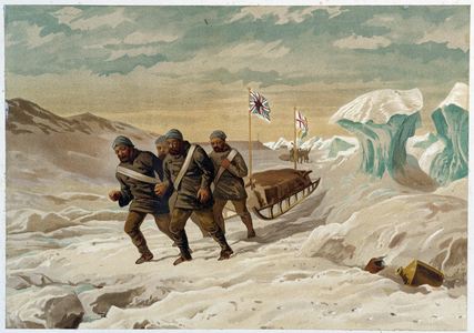Men and sleigh on the ice - in “” The shores of the polar sea, an Arctic expedition narration””, by Dr. Edward Moos, Marcus Nard & Co, London, 1878