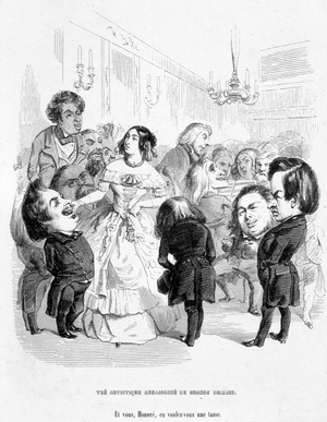 George Sand (Aurore Dupin, Baronne Dudevant) (1804-1876) surrounded by 4 writers: Eugene Sue, Honore de Balzac, Franz Litz and Victor Hugo - in “In search of a social position “” by Jerome Paturot