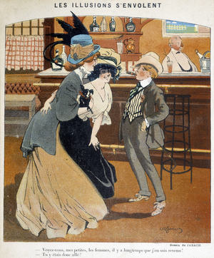 Young boy smoking cigar and trying to pretend to be a mature man in front of two laughing ladies - humorous drawing by Jararch, 19th century