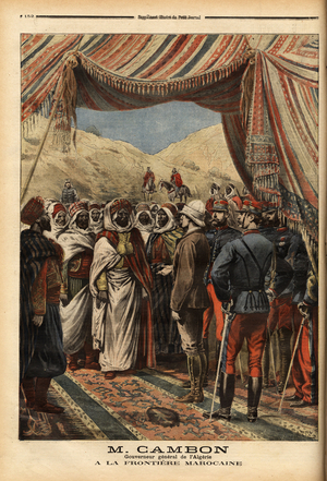 Jules Cambon (1845-1935), Governor General of Algeria, after the return to calm on the Moroccan border, received the main Moroccan rebel leaders who presented their complaints to him. Engraving in "Le petit journal" 9/05/1897. Selva Collection.