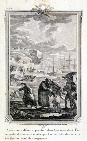 Quaker missionaries trying to evangelize the Indians of America - engraving, 18th century