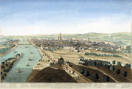 View of the port and the city of Rouen; Engraving of the 18th century.