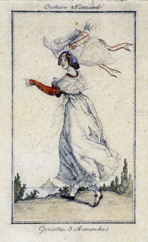 Norman traditional costume: Grisette d'Avranches - engraving, deb. 19th century